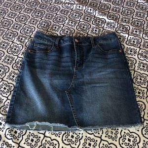 Dark wash denim distressed skirt